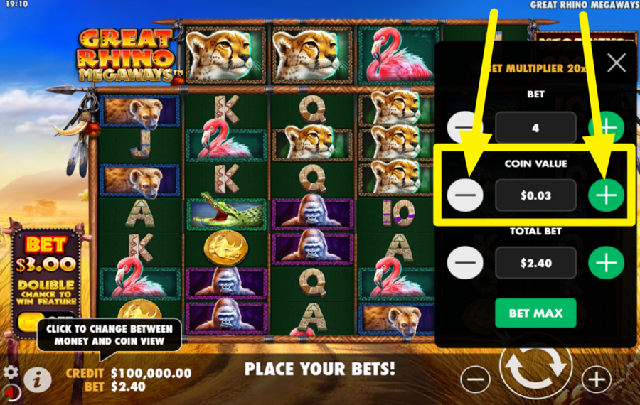 Great Rhino Megaways RÉGLER LA VALEUR DE LA PIÈCE.