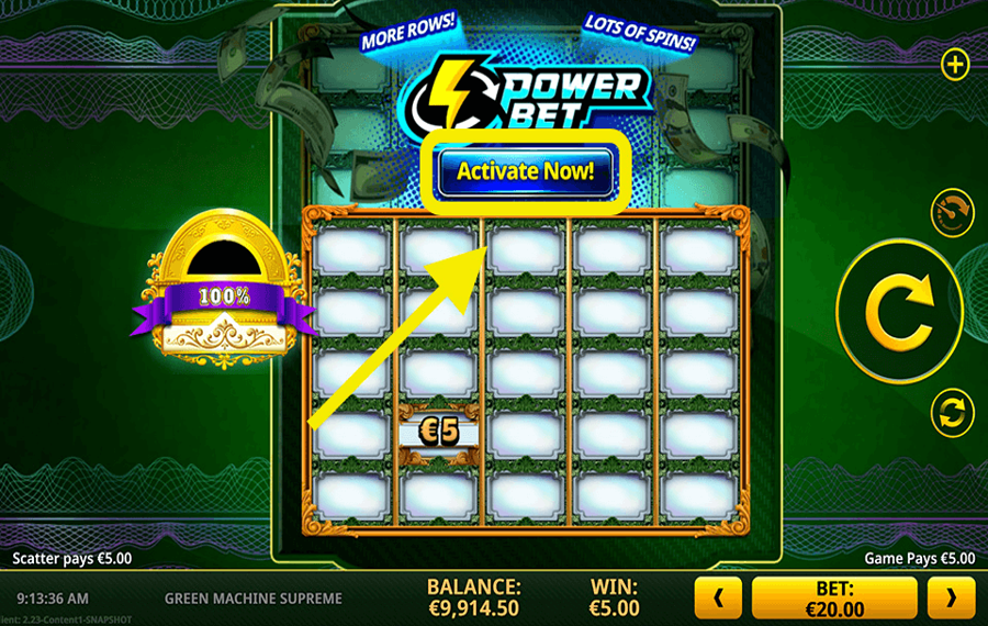 Green Machine Supreme Usando la función opcional "Power Bet".