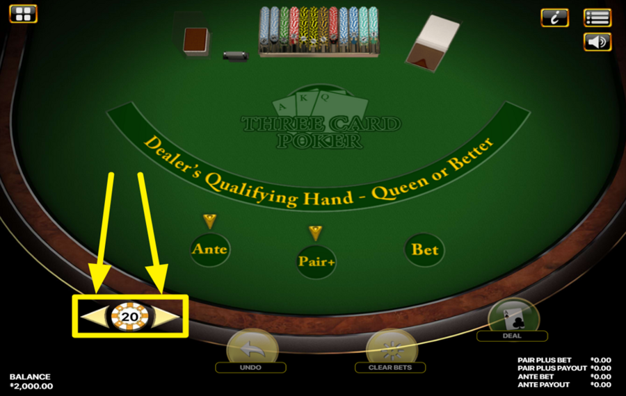 Habanero Three Card Poker CHOISISSEZ UNE VALEUR DE PARI.