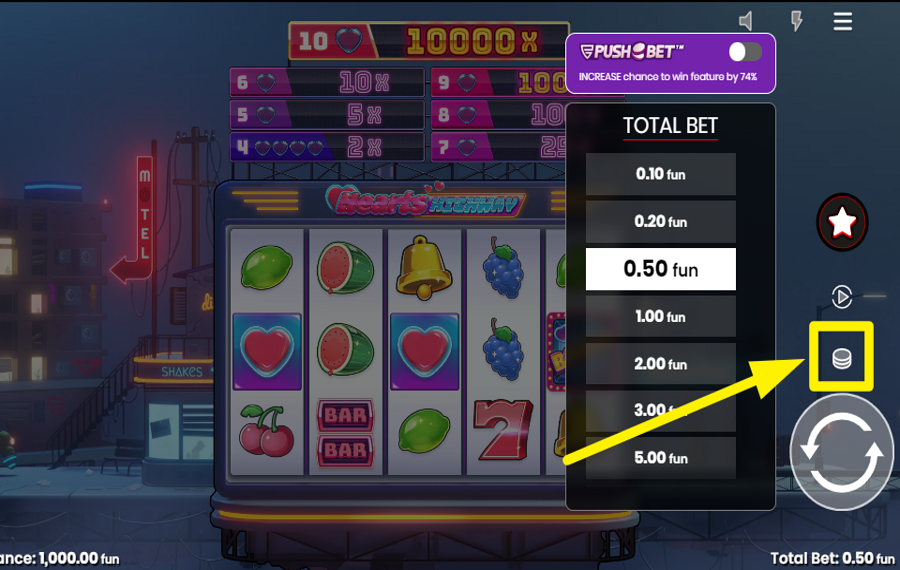 Hearts Highway ADJUST BET AMOUNT.