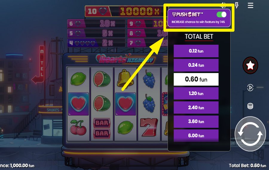 Hearts Highway SWITCH TO "PUSH BET" TO INCREASE WINNING CHANCES.