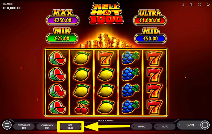 Hell Hot 1000 賭け金を決めましょう。