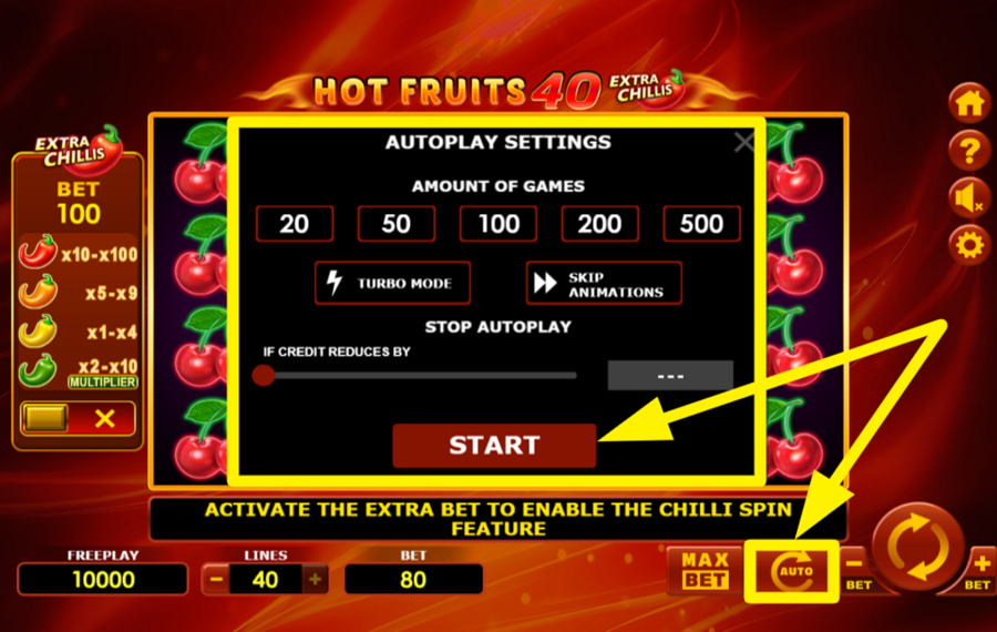 Hot Fruits 40 Extra Chillis ВКЛЮЧИТЬ АВТОВОСПРОИЗВЕДЕНИЕ.