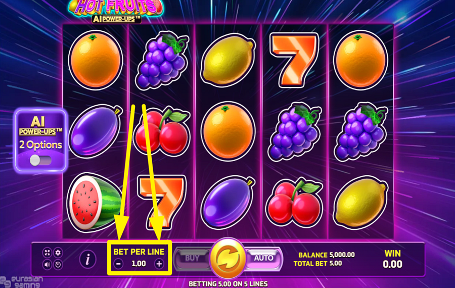 Hot Fruits AI SPECIFY YOUR STAKE PER LINE.