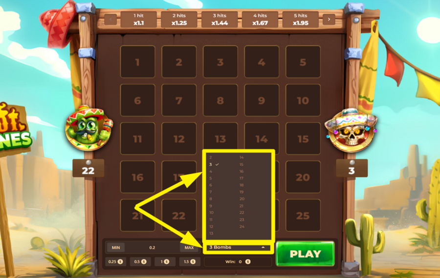 Hot Mines CHOOSE THE NUMBER OF BOMBS.