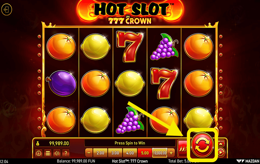 Hot Slot 777 Crown Нажмите/коснитесь кнопки «Вращать».