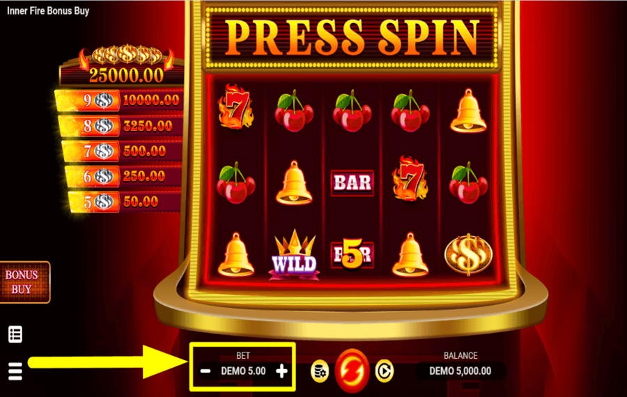 Inner Fire Bonus Buy Weisen Sie einen Einsatzbetrag zu.