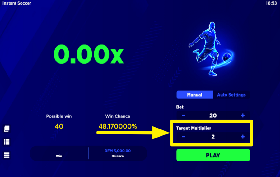 Instant Soccer УСТАНОВИТЕ МНОЖИТЕЛЬ.