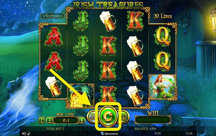 Irish Treasures Klicken/tippen Sie auf die Schaltfläche „Drehen“.