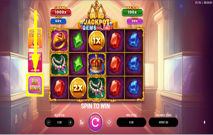 Jackpot Gems Claw ACQUÉRIR DES TOURS SUPPLÉMENTAIRES.