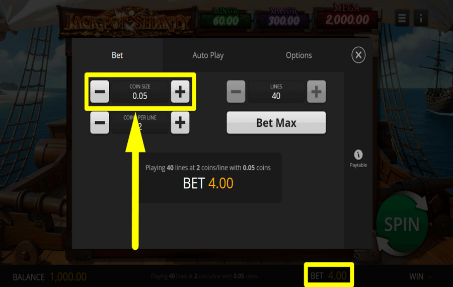 Jackpot Shanty ASSEGNARE LA DIMENSIONE DELLA MONETA.