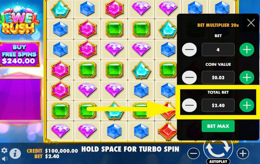 Jewel Rush SET THE TOTAL BET.
