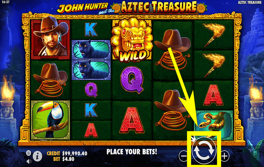 John Hunter and the Aztec Treasure Click/ tap the “Spin” button.