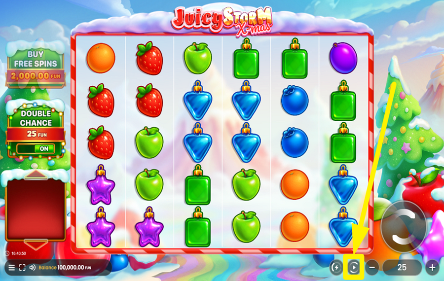 Juicy Storm Xmas ЗАПУСТИТЕ АВТОМАТИЧЕСКОЕ ВРАЩЕНИЕ БАРАБАНОВ.