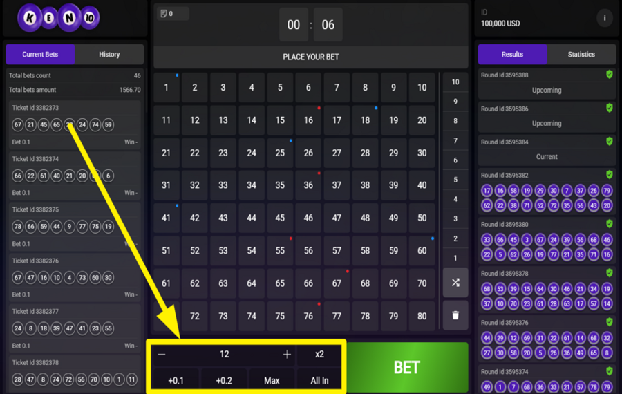 Keno 10 ATTRIBUER UNE VALEUR DE PARI.