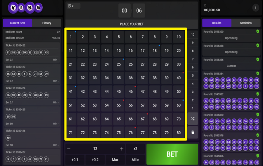 Keno 10 CHOISISSEZ VOS NUMÉROS.