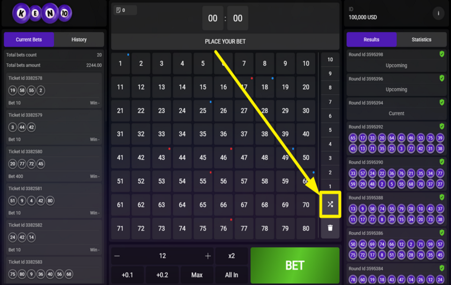 Keno 10 CHOISISSEZ LA SÉLECTION DE NOMBRE ALÉATOIRE.