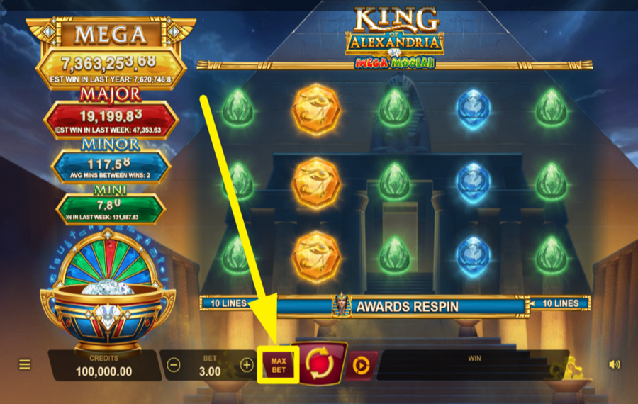 King of Alexandria Mega Moolah SELECCIONE LA OPCIÓN DE APUESTA SUPERIOR.