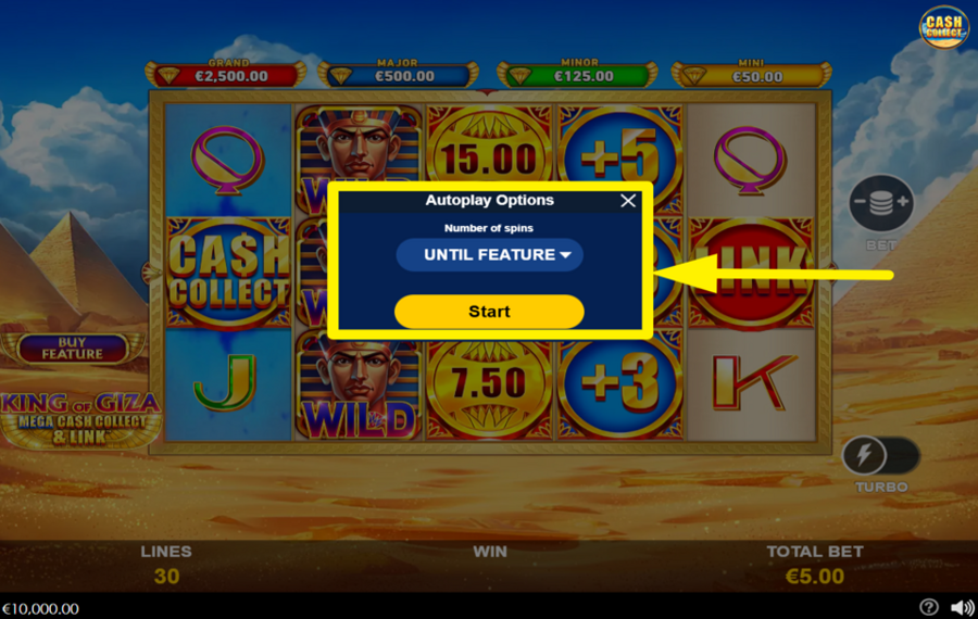 King of Giza Mega Cash Collect and Link CHOOSE AUTOMATIC SPINS.