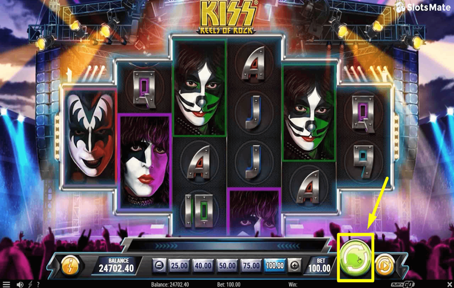 Kiss Reels of Rock Klicken/tippen Sie auf die Schaltfläche „Drehen“.