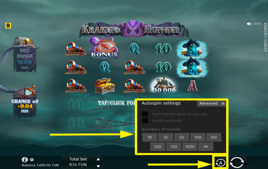 Krakens Hunger ВЫБИРАЙТЕ АВТОМАТИЧЕСКИЕ ВРАЩЕНИЯ.