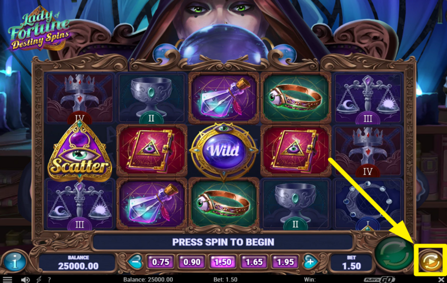 Lady of Fortune Destiny Spins UTILICE EL GIRO AUTOMÁTICO.