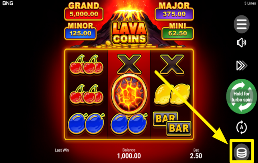 Lava Coins ASIGNAR UN VALOR DE APUESTA.