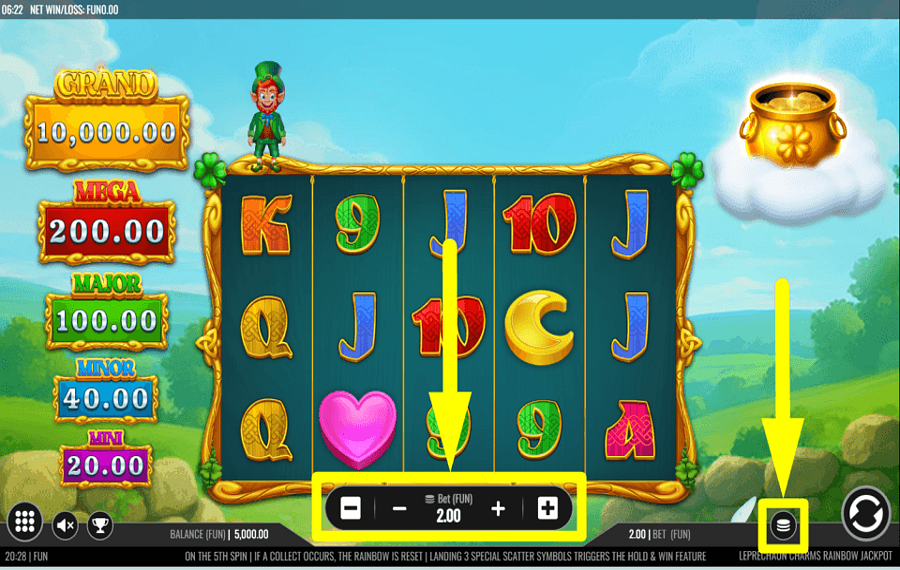 Leprechaun Charms Rainbow Jackpots MODIFY THE STAKE.