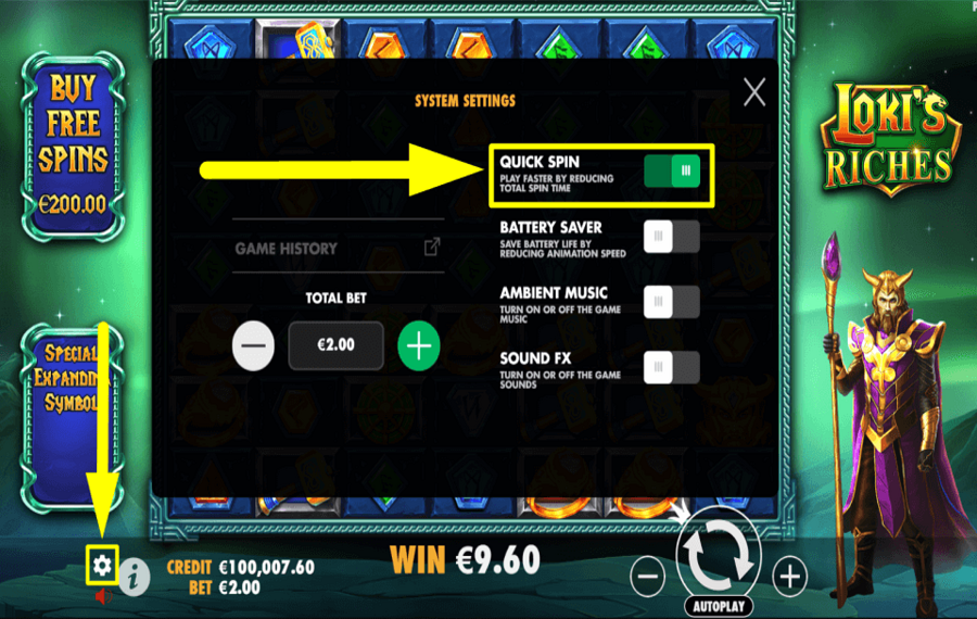 Lokis Riches ENABLE QUICK SPIN.