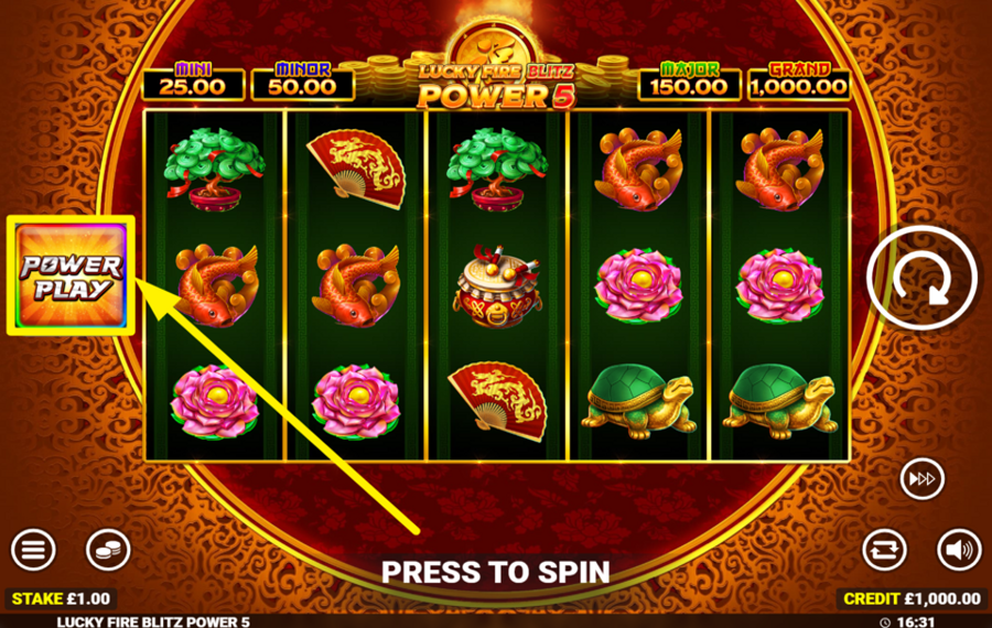 Lucky Fire Blitz Power 5 ENGAGE THE POWER PLAY MODE.