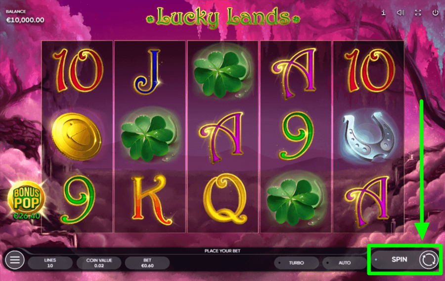 Lucky Lands Нажмите на кнопку «Вращать».