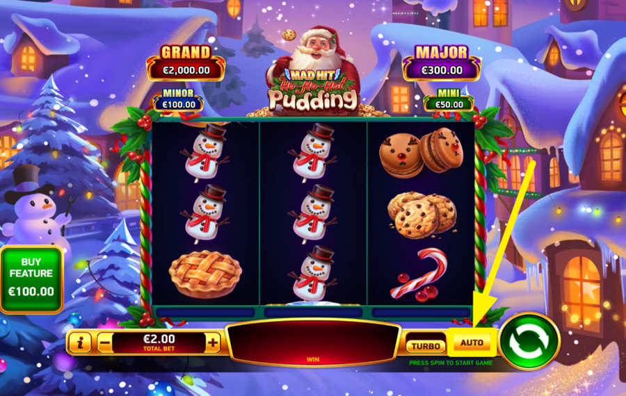 Mad Hit Ho Ho Hot Pudding INICIAR GIROS AUTOMÁTICOS.