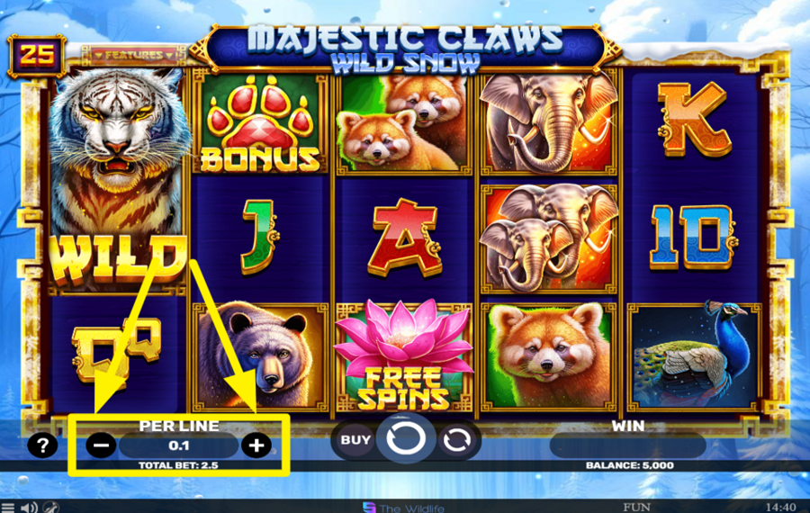 Majestic Claws Wild Snow DETERMINE YOUR STAKE PER PAYLINE.