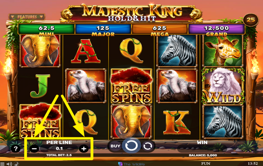 Majestic King Hold and Hit ATTRIBUER LA MISE PAR LIGNE.