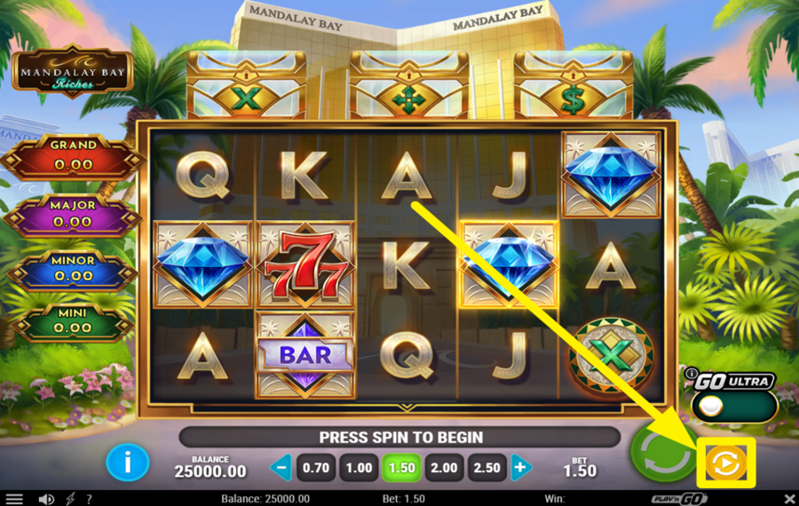 Mandalay Bay Riches ИСПОЛЬЗУЙТЕ АВТОМАТИЧЕСКИЕ ВРАЩЕНИЯ.