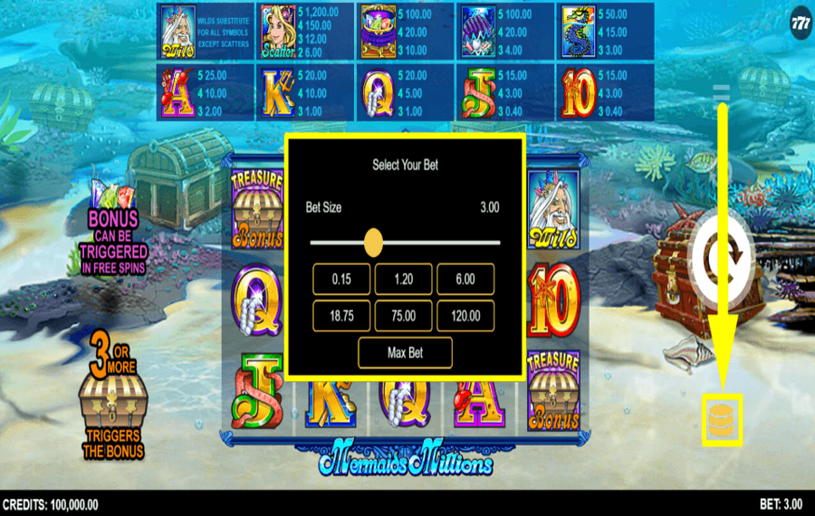 Mermaids Millions ATTRIBUER UN MONTANT DE PARI.