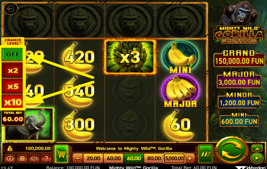 Mighty Wild Gorilla ВЫБЕРИТЕ УРОВЕНЬ ШАНСА.