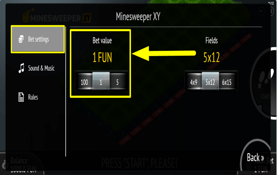 Minesweeper XY SELECT YOUR BET.