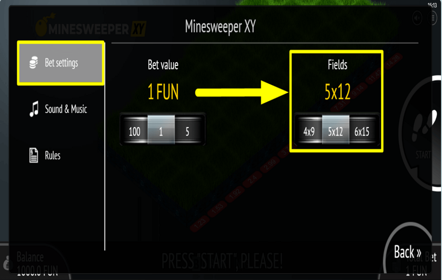Minesweeper XY SET THE PLAYING FIELD.