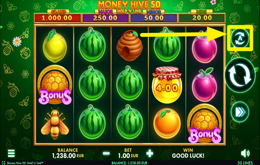 Money Hive 50 Hold N Link UTILIZE AUTOPLAY.