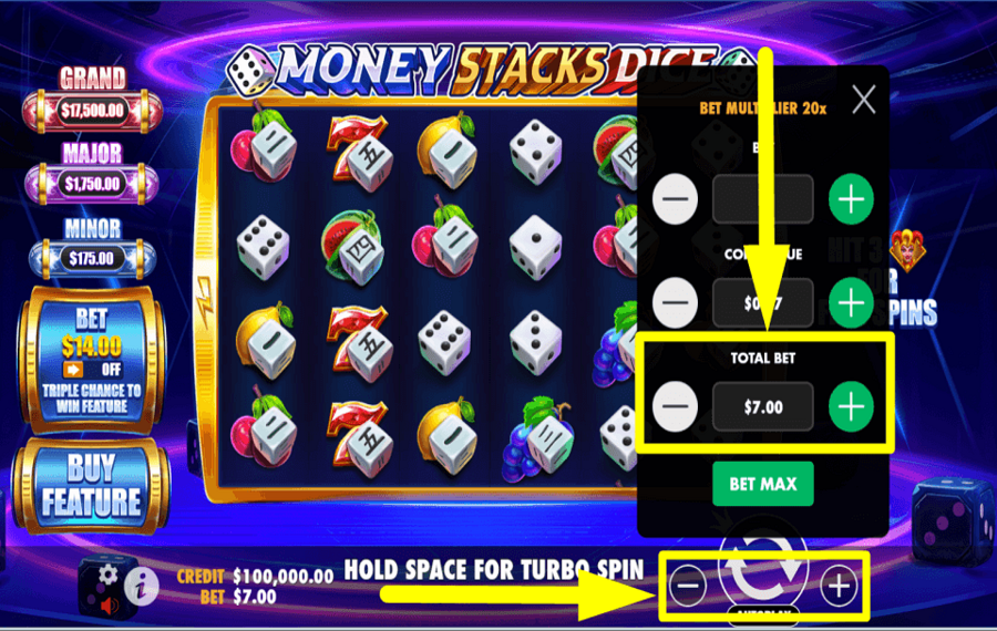 Money Stacks Dice ADJUST THE TOTAL BET.