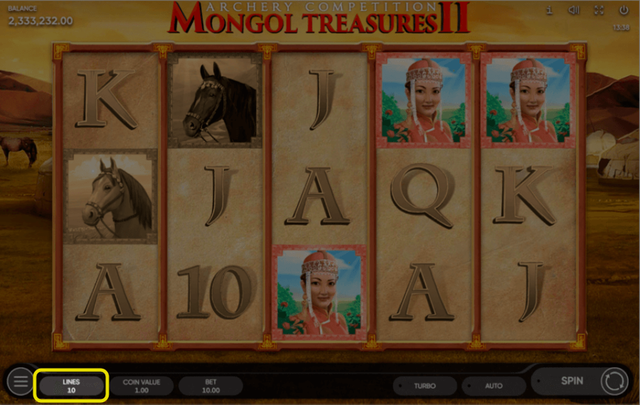 Mongol Treasures II Archery Competition Select the number of active paylines