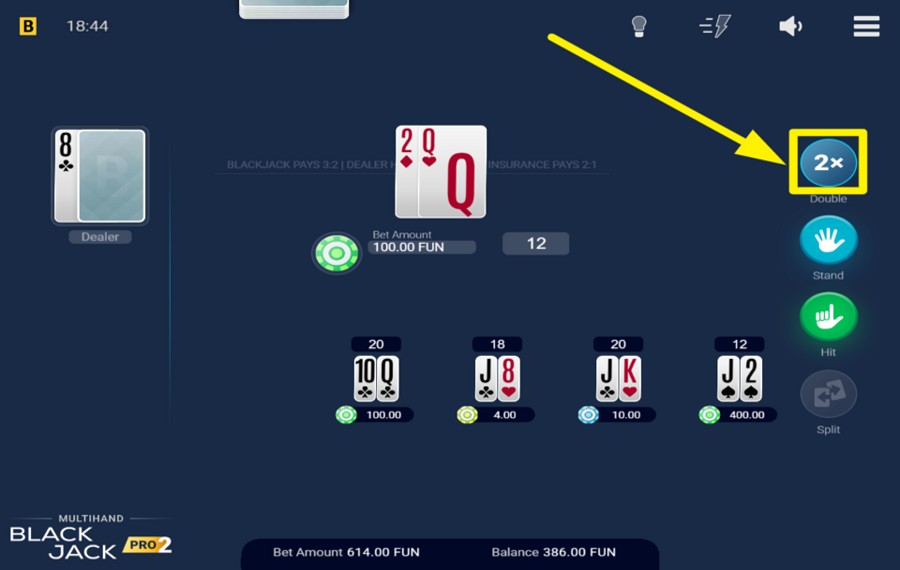Multihand Blackjack Pro 2 DOUBLEZ LA MAIN ACTIVE.