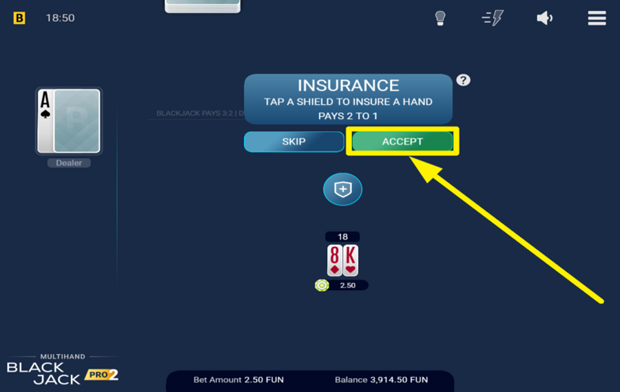 Multihand Blackjack Pro 2 ACHETEZ L'ASSURANCE.