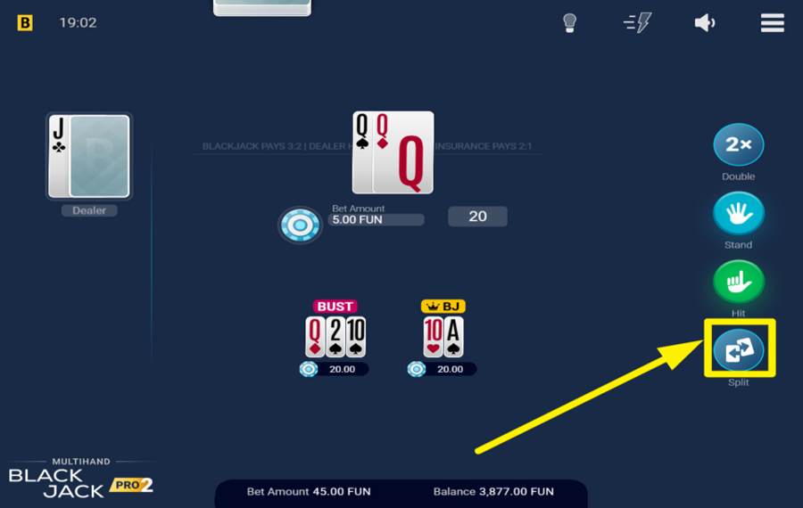 Multihand Blackjack Pro 2 DIVISEZ UNE PAIRE EN DEUX MAINS.