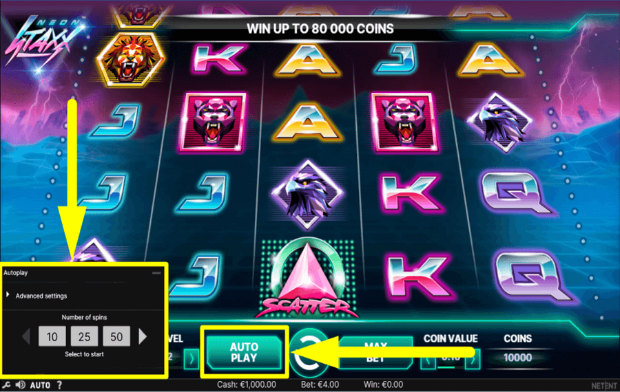 Neon Staxx AUTOMATISCHE SPINS AKTIVIEREN.