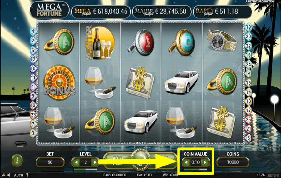 NetEnt Mega Fortune SÉLECTIONNEZ LA VALEUR DE LA PIÈCE.