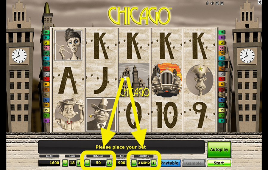 Novomatic Chicago Выберите сумму ставки.