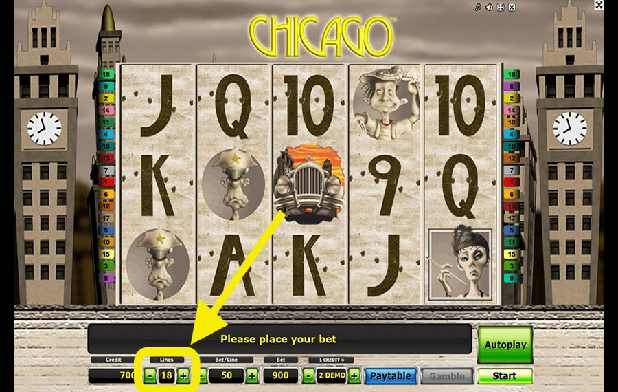 Novomatic Chicago Выберите линии выплат.