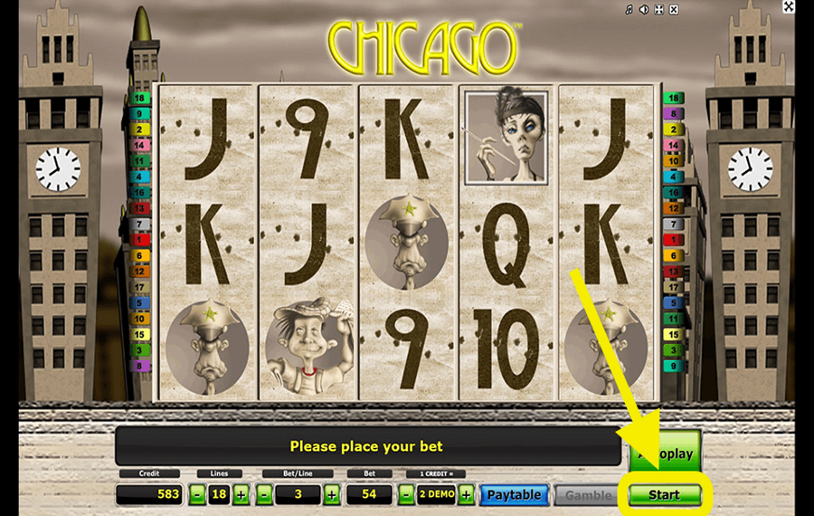 Novomatic Chicago Нажмите/коснитесь кнопки «Вращать».